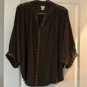 Chico’s silky brown flowy blouse with gold ring details. Size 3